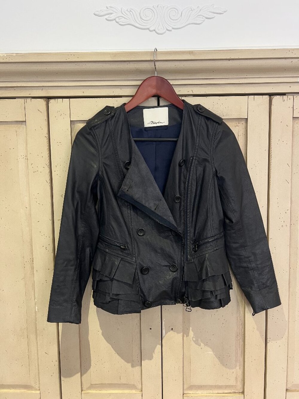 3.1 Phillip Lim Lambskin Leather Tiered Ruffle Hem Moto Jacket Silk Lined Y2K